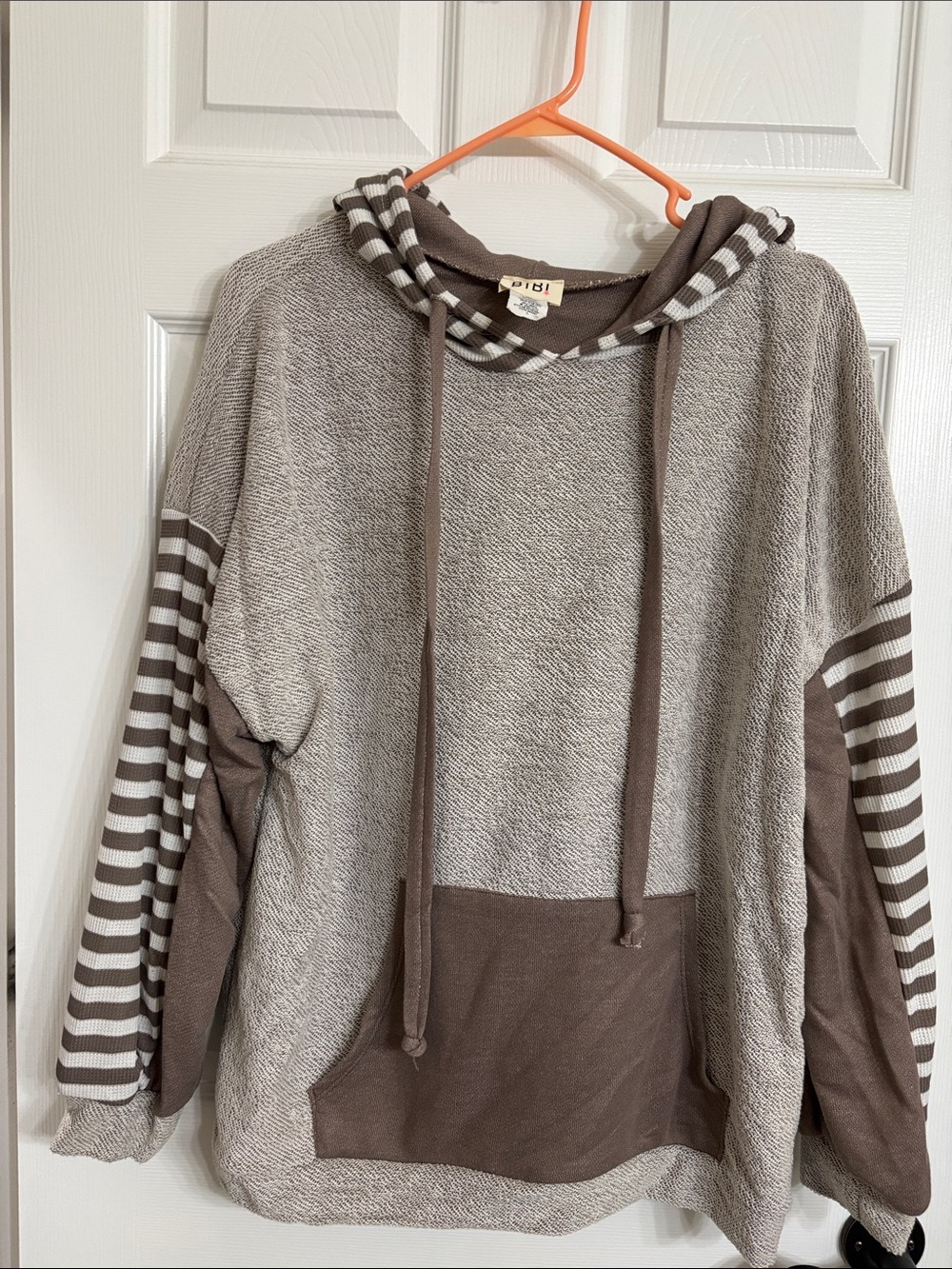 Striped Sleeve Hooded Pullover - Taupe & Cream
